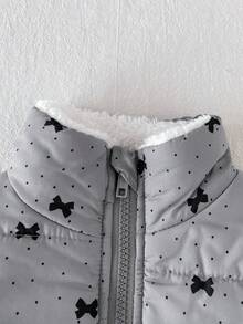 SHEIN Playful Pals 1件女嬰灰色蝴蝶結印花拉鍊加厚小立領無袖棉服背心，可愛休閒韓風棉墊背心外套，適合冬季日常外出或室內場合，百搭穿搭 - 灰色 - 查看 5