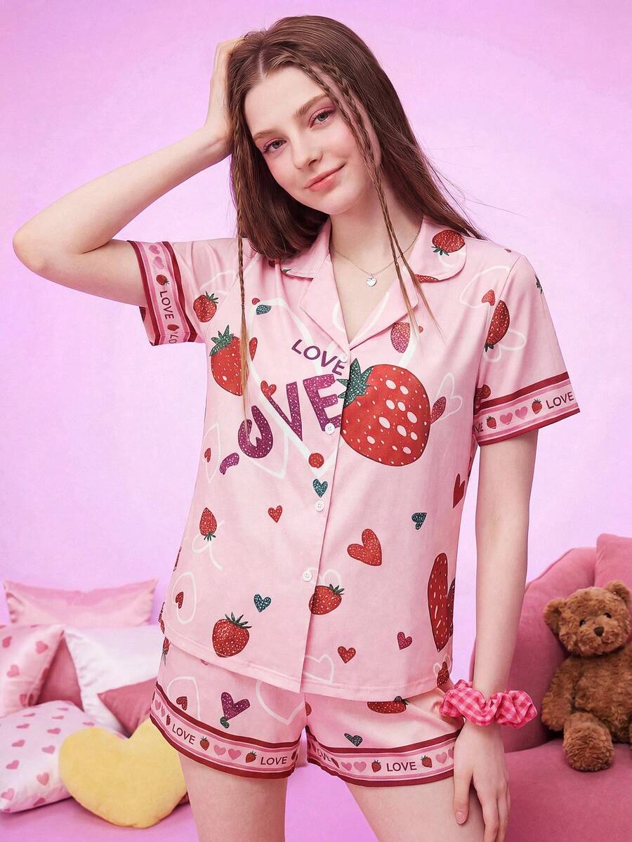 Notgurli Women's White Fast Food Print Button Down Short Sleeve Pajama Set Novelty Slumber Party - Pink - View 1