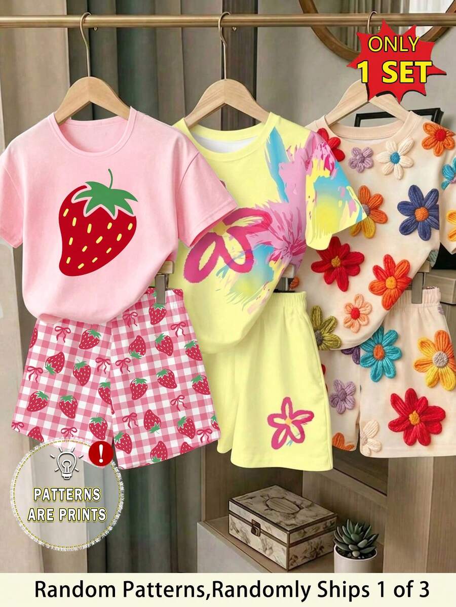 Elladie kids (隨機圖案,1套隨機) 女孩時尚極簡潑墨彩色花卉草莓印花基礎短袖T恤與短褲套裝,夏季日常穿著 - 彩色 - 查看 1