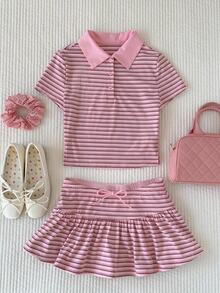 SHEIN 少女针织撞色条纹Polo领短袖T恤和裙子休闲套装 - 粉色 - 查看 7