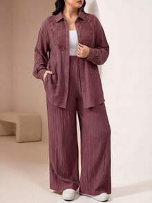 Al Najma Plus Size Women Solid Color Contrast Lace Long Sleeve Single-Breasted Shirt And Pants Conservative Arabic Outfit - Dusty Pink - View 7