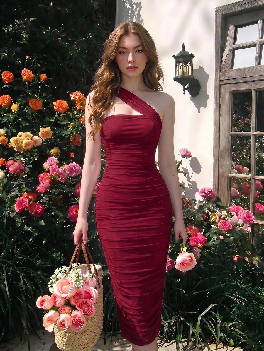 SHEIN X Belle Mariano SHEIN MOD 女式复古不对称褶饰无袖连衣裙 - 酒紅色 - 查看 1