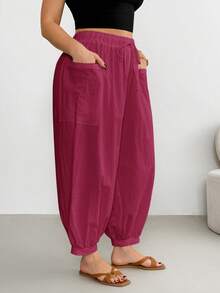 Shapeblank Plus Size Women Solid Color Drawstring Waist Casual Versatile Daily Travel Long Pants - Red Violet - View 5