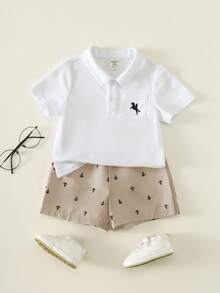 2pcs/Set Baby Boy Cute Casual Versatile Knit POLO Shirt And Anchor Pattern Elastic Waist Shorts Set, Suitable For Birthday Party, Evening Party, Performance, Wedding, Full Moon, Baptism, 1st Birthday Celebration And Baby Shower - White - View 10