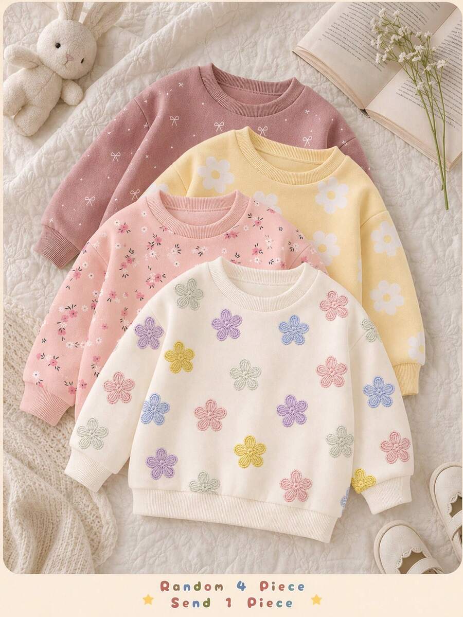奶油白可愛甜美刺繡花卉圖案女款休閒簡約加厚柔軟舒適圓領套頭運動衫,適合秋冬日常穿著,秋季氛圍,冬季時尚,南瓜季,萬聖節 - 彩色 - 查看 1