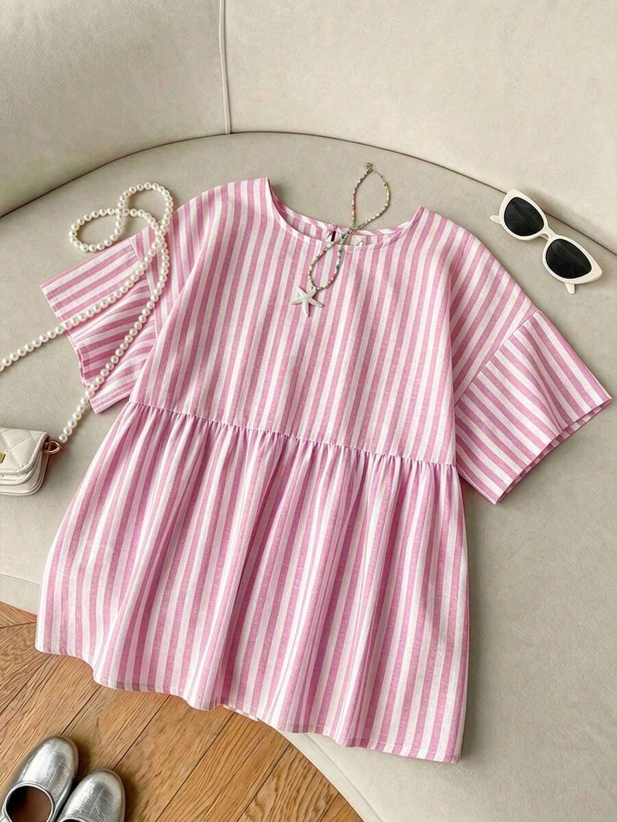 SHEIN EZwear 女款圓領條紋百褶休閒日常通勤襯衫 - 粉色 - 查看 1
