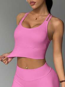 SHEIN Sports 女款純色休閒日常運動內衣 - 粉色 - 查看 4