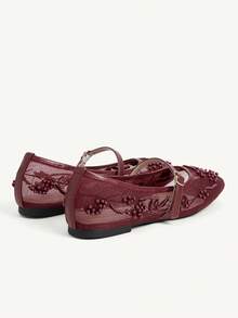 CUCCOO CHICEST 女款網布刺繡珍珠瑪麗珍平底鞋，扣環設計，通勤約會婚禮日常溫柔透氣百搭女鞋 - 酒紅色 - 查看 5