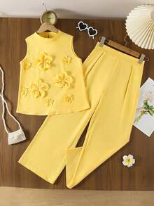 SHEIN 2件套青少年女孩休闲优雅华丽3D花卉图案背心衬衫和裤子套装 - 黃色 - 查看 5