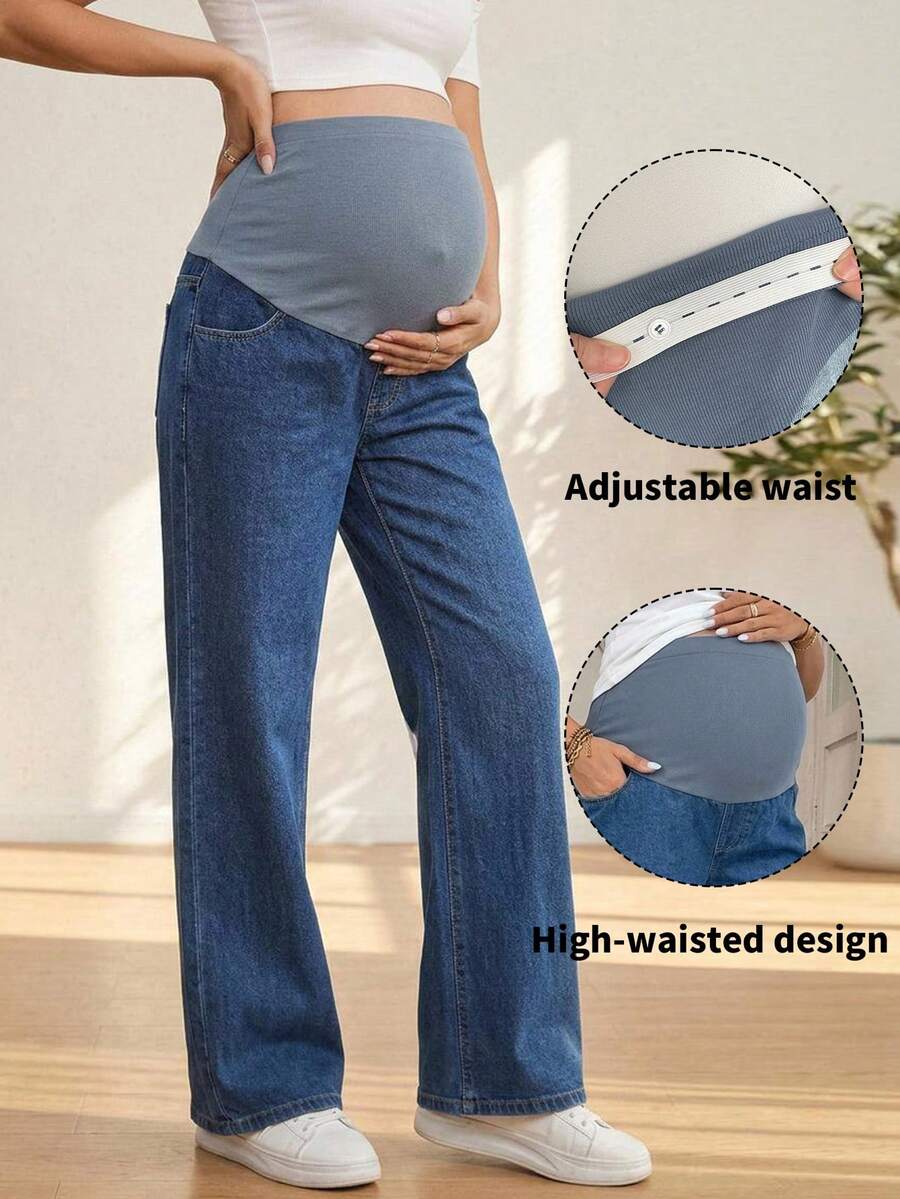 DAZY Elastic Waist Patchwork Knit Adjustable Loose Harem Cropped Length Maternity Jeans For Daily Wear, All Seasons Fall - Medium Wash - View 1