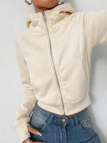 SHEIN EZwear 女款純色連帽拉鍊休閒百搭日常穿著運動衫 - 杏色 - 查看 4