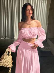 Opulessa 春夏度假純色梭織露肩上衣與裙子女款兩件套 - 粉色 - 查看 6