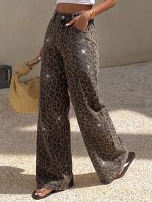 SHEIN EZwear 女款豹紋印花鈕扣口袋休閒牛仔褲 2000s 90s 日常穿搭 夏季夜生活 灰色豹紋 - 棕色 - 查看 4