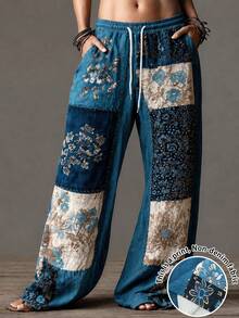 Selamara Women's Blue Wide-Leg Jeans With Denim Effect Print – Casual, Versatile, Bohemian Style - Multicolor - View 3