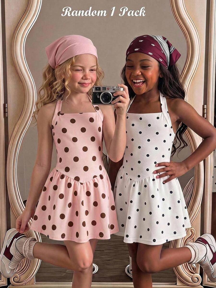 SHEIN Young Girl Knitted Polka Dot Sleeveless Pullover Dress - Multicolor - View 1