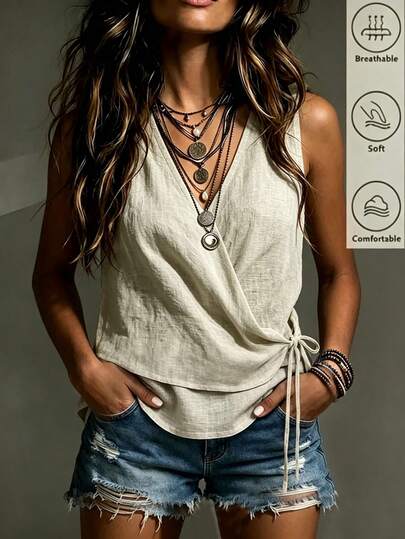 SHEIN European & American New Fashion V-Neck Criss-Cross Tie Design Elegant Sleeveless Sexy Women's Tank Top, Spring/Summer, Vacation, Outing, Y2K, Back To School, Casual, Beach, Business, Versatile, Sexy, Apricot, Solid Color Top