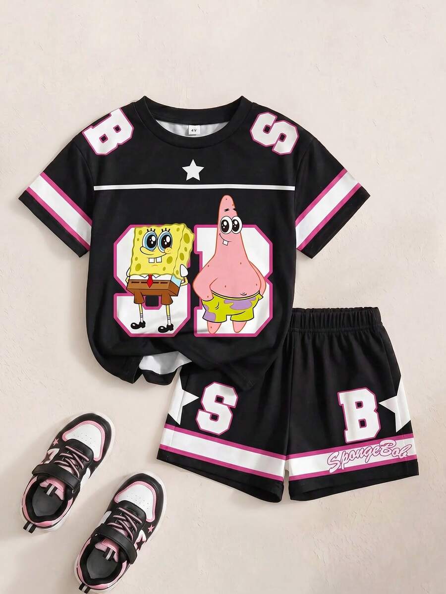 SpongeBob SquarePants | SHEIN 女童卡通撞色圆领短袖T恤和短裤套装 - 白色 - 查看 1