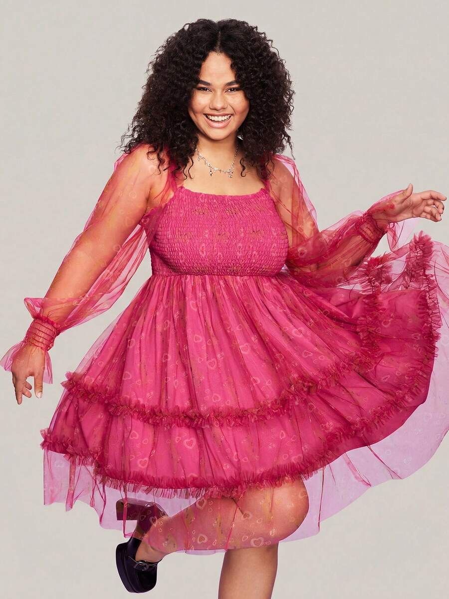 SCOOBY-DOO X SHEIN Plus Cartoon Graphic Flare Sleeve Shirred Bodice Dress - Pink - View 1