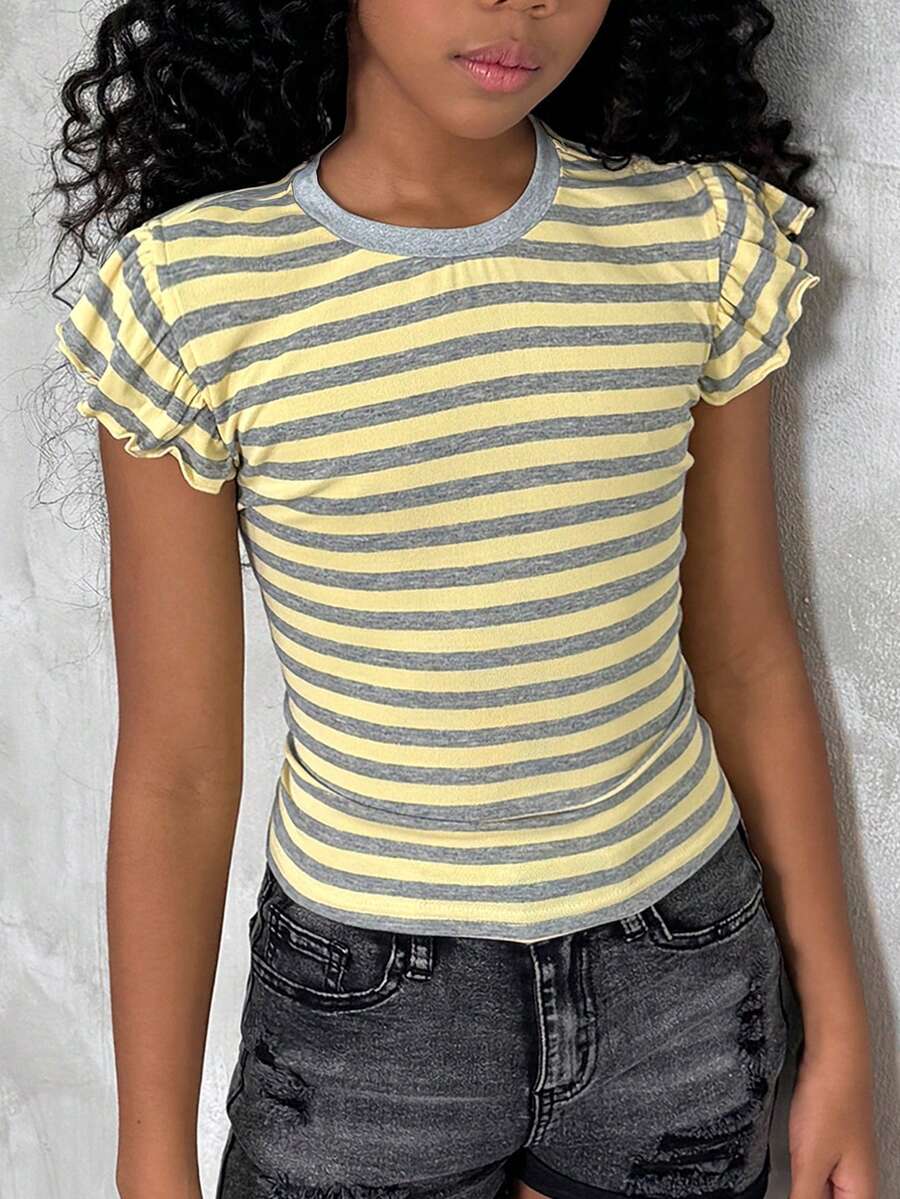 Tween Girl Tween Girls Summer Streetwear Vacation Ruffle Trim Solid Striped Butter Yellow Tee - Yellow - View 1