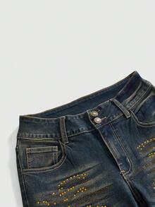 ROMWE Hippie Y2K Millennium Vintage Gold Rhinestone Ultra Low Waist Skinny Denim Jeans For Women - Medium Wash - View 3