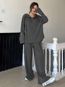 Dazy Tall Setelan Kasual Wanita 2 Potong Terdiri dari Gaun Hoodie dan Celana Longgar untuk Musim Gugur - Grey - View 7