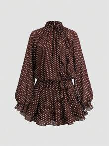 Sweetra Autumn/Winter New Fashion Design Rose Flower Ribbon Decor French Sweet Brown Polka Dot Chiffon Flowy Lightweight Vacation Long Sleeve Short Dress For Women - Brown - View 1