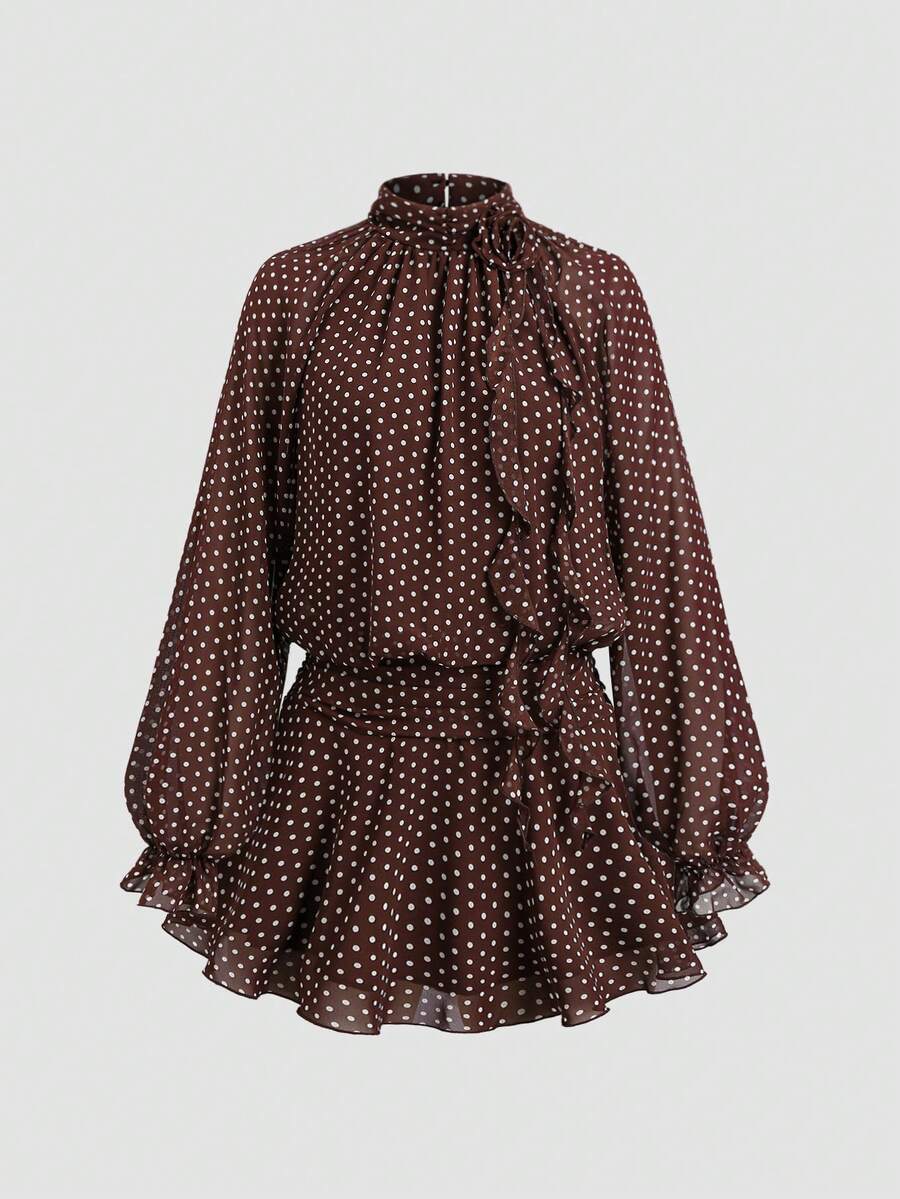 Sweetra Autumn/Winter New Fashion Design Rose Flower Ribbon Decor French Sweet Brown Polka Dot Chiffon Flowy Lightweight Vacation Long Sleeve Short Dress For Women - Brown - View 1