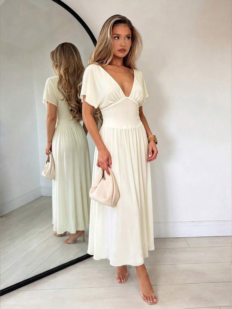 white asymmetrical pleated dress TRNVIE Women's Summer V-Neck Waist-Cinching Slimming Wedding Brunch Vacation Cream Romantic Elegant Style:Plush Robe Backless Pleated Two Piece size-4 Ecoconscience neck design that wraps