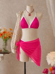 SHEIN 女童3件組泳衣套裝，桃紅色配白色滾邊素色面料掛脖三角上衣、三角比基尼泳褲、繫帶網紗罩衫裙，高彈性海灘度假泳裝，時尚休閒精緻，適合游泳、夏季度假、夏季海灘、海邊、游泳池、夏季假期派對、休閒度假 - 玫紅色 - 查看 7
