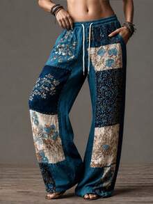 Selamara Women's Blue Wide-Leg Jeans With Denim Effect Print – Casual, Versatile, Bohemian Style - Multicolor - View 4