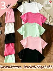SHEIN Conjunto de 6 piezas de camiseta de manga corta y pantalones cortos con estampado gráfico de corona de lazo brillante rosa fucsia y negro, estilo casual y de moda creativa para niñas, adecuado para primavera, verano y otoño, uso diario cómodo - Multicolor - Ver 2