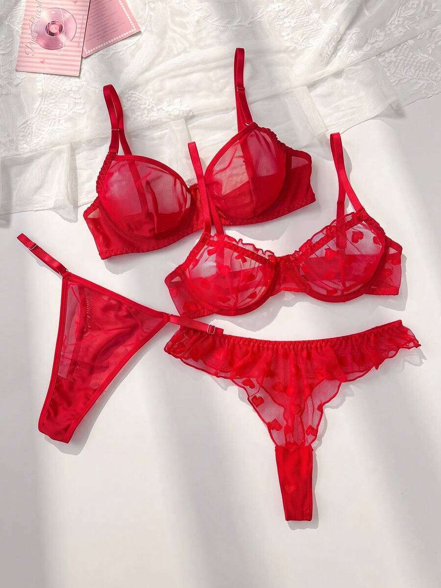 PetitDoll Conjunto de lencería transparente y sexy de 4 piezas en color rojo - Rojo - Ver 1