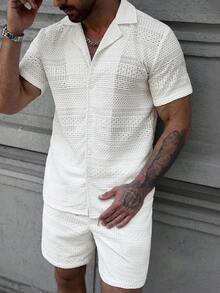 Manfinity CasualCool Set Kemeja Lengan Pendek Rajut Jacquard Kasual Pria dengan Kerah Cuban - Putih - View 5