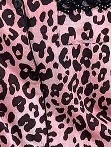Napfluff Standard Size Women's Leopard Print Short Sleeve Lace Patchwork Nightgown, Comfortable Front Button Shirt Nightdress, Spring/Summer Wear, Cozy Home - Pink - View 8
