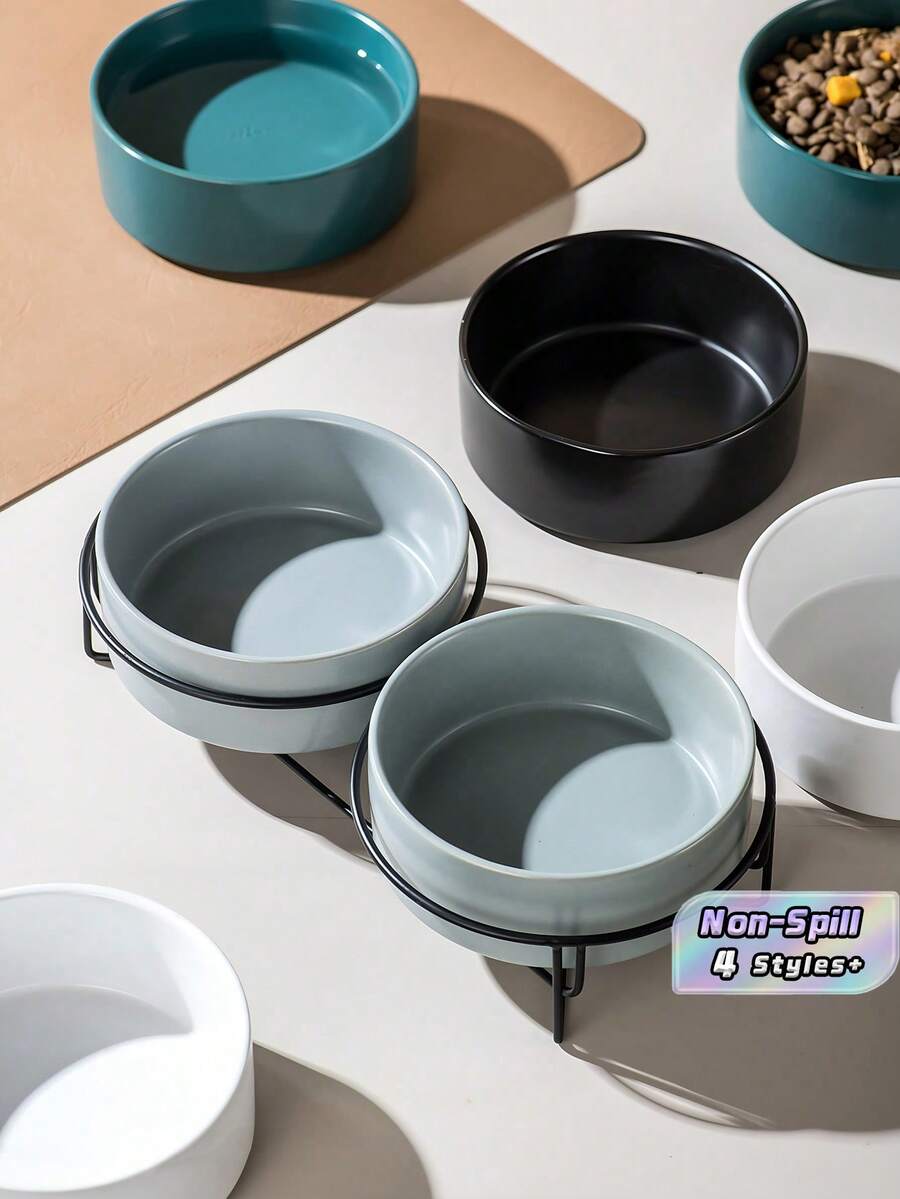 1PC Ceramic Pet Bowls Neck Protection Anti Tilt Removable Wrought Iron Stand Glaze Heat Resistant Hygienic Dual Bowl Cats Dogs Home Decor Elegant Multicolor - multicolor - View 1