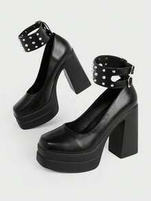 Sugerpunk Fashion Women's Platform High-Heeled Shoes, Punk Style Buckle With Rivet Inlay Design, Classic Sexy Suitable For Parties, Nightclubs, Festivals - Piano Black - View 5