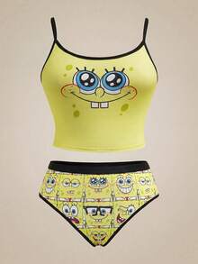 SpongeBob SquarePants | SHEIN 大码女式两件套内衣套装，吊带背心和内裤，可爱动漫系列 - 黃色 - 查看 1