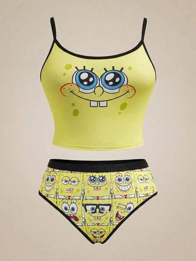 SpongeBob SquarePants | SHEIN Plus Size Women 2pcs Lingerie Set, Camisole & Panty, Cute Anime Series