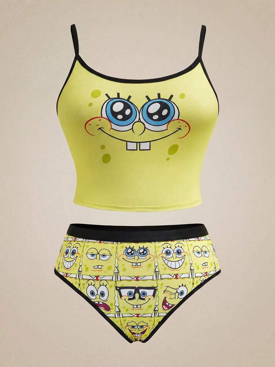 SpongeBob SquarePants | SHEIN 大码女式两件套内衣套装,吊带背心和内裤,可爱动漫系列 - 黃色 - 查看 1