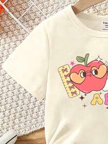 返校季女童幼兒創意卡通鉛筆蘋果彩虹ABC字母印花基本款短袖T恤與單車褲套裝 - 彩色 - 查看 6