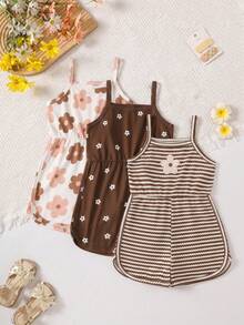 3pcs/Set Girls 4-7 Years Old Summer Casual Strappy Romper, Fashionable Vintage Floral Print & Striped Sleeveless Jumpsuit, Soft Comfortable Slightly Stretchy Fabric, Cute Bohemian Earth Tone Outfit For Beach Vacation, Park And Daily Wear - Multicolor - View 3