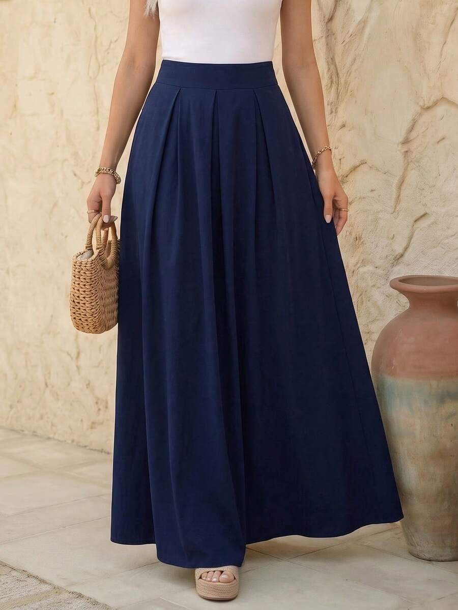 EMERY ROSE A-Line Solid Color High Waist Slant Pocket Navy Blue Maxi Skirt - Navy Blue - View 1