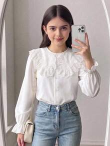 少女白色休闲甜美蕾丝拼接荷叶边领长袖衬衫，少女套装，返校套装 - 白色 - 查看 4