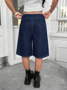 SHEIN EZwear 女款時尚街頭休閒繫帶牛仔短褲 旅行海軍藍 夏季 - 藍色 - 查看 2