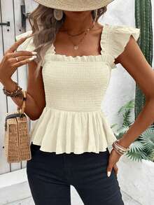 Flora Isola Flora Isola Casual Solid Color Short Flutter Sleeve Blouse With Ruffled Hemline, Perfect For Vacation Peplum Top - Apricot - View 4