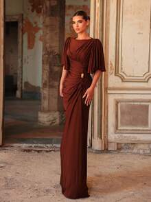 Aureia Elegant Coffee-Colored Brown Stretch Boat Neck Flutter Sleeve Ruched Draped Bodycon Maxi Floor Length Formal Event Vow Ball Wedding Bridal Gown Winter - Coffee Brown - View 5