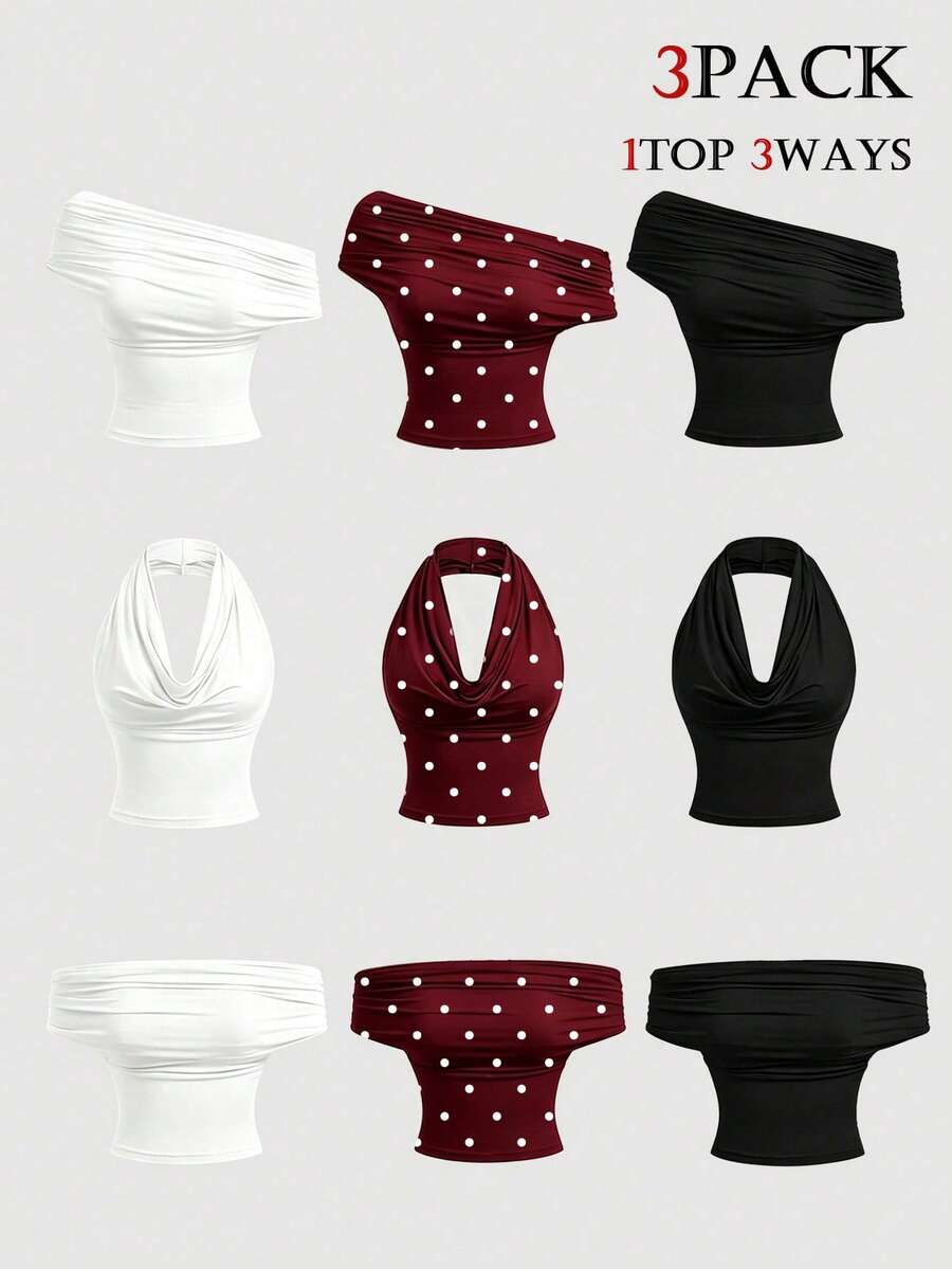 SHEIN MOD Paquete de 3 camisetas sin mangas asimétricas de un solo hombro con cuello halter para mujer - Multicolor - Ver 1