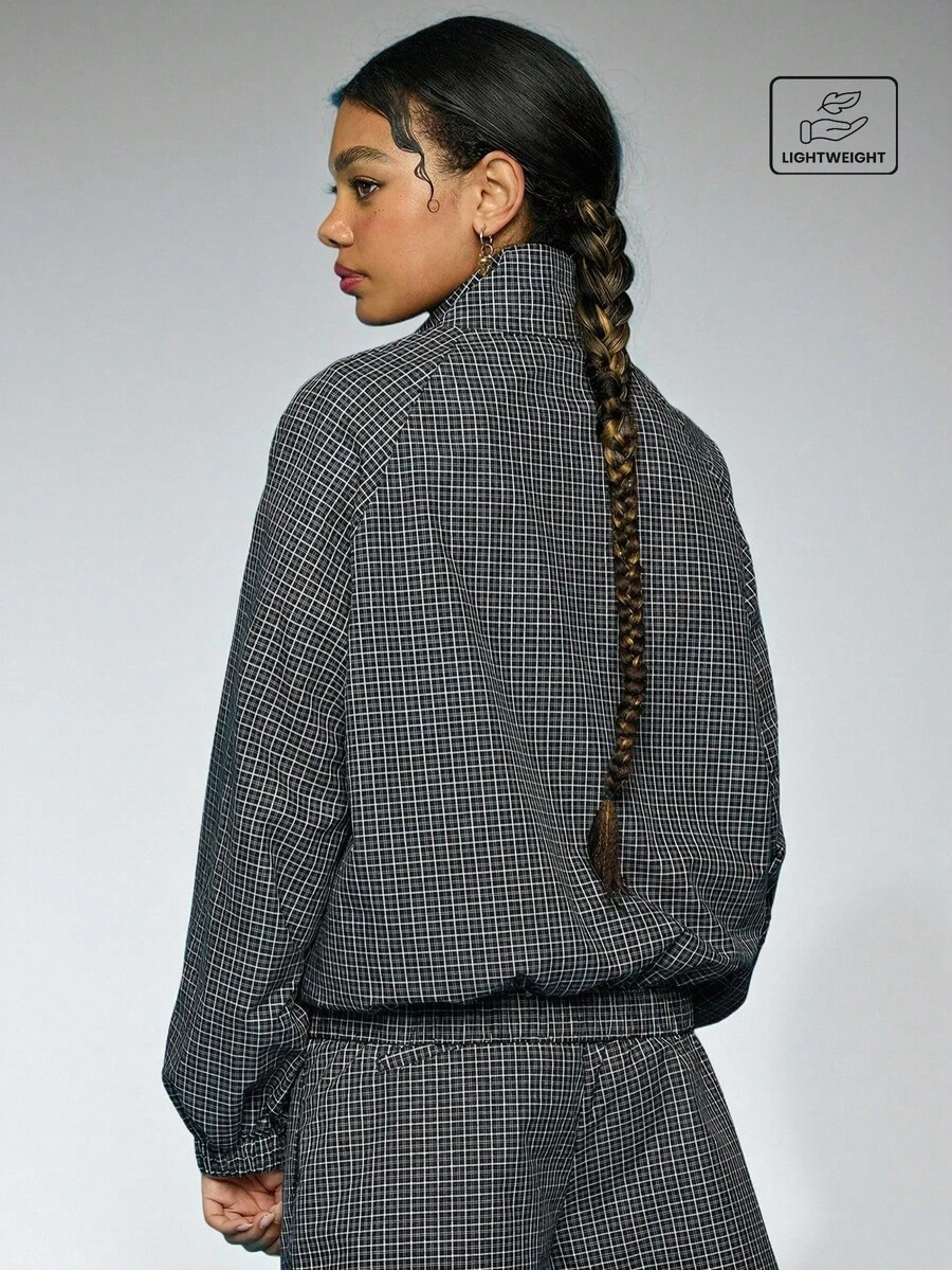COUREZ Sporty Streetwear High Neck Zip Up Jacket In Check/Y2K Autumn Clothes For Women Black And White Jackets Lightweight Cute Outfits Fall Back-To-School - Black - View 1