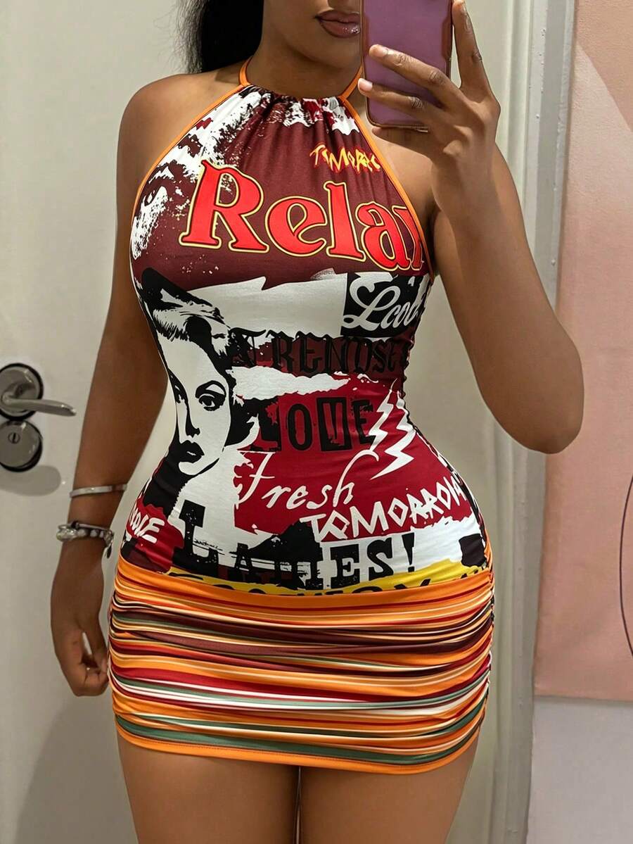 StreetHx Reggae Style Graffiti Print, Halter Neck Backless, Fitted Bodycon Mini Dress - Multicolor - View 1