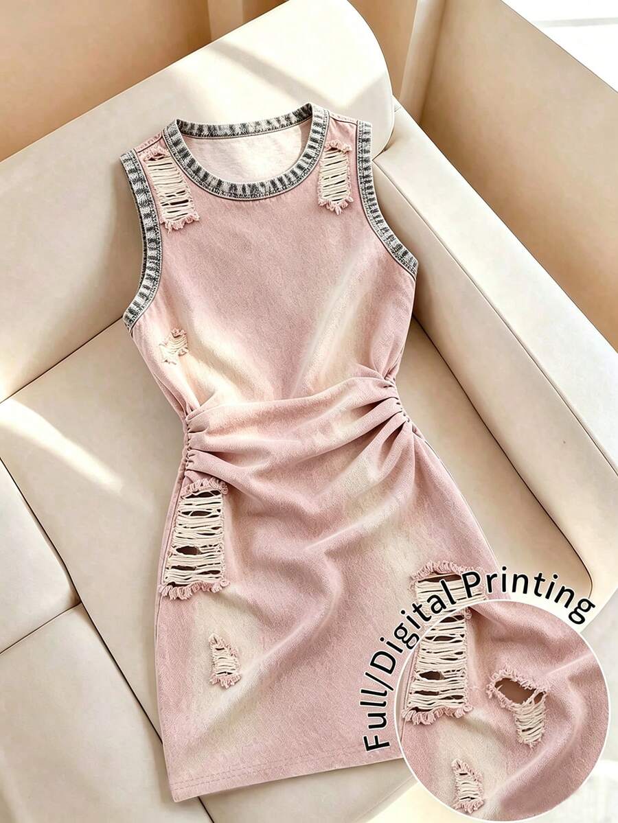 SHEIN 青少年女孩粉色牛仔風滿版印花無袖洋裝,適合春夏秋季,戶外活動、居家、日常穿著,舒適簡約經典修身洋裝,適合女孩與女性 - 彩色 - 查看 1